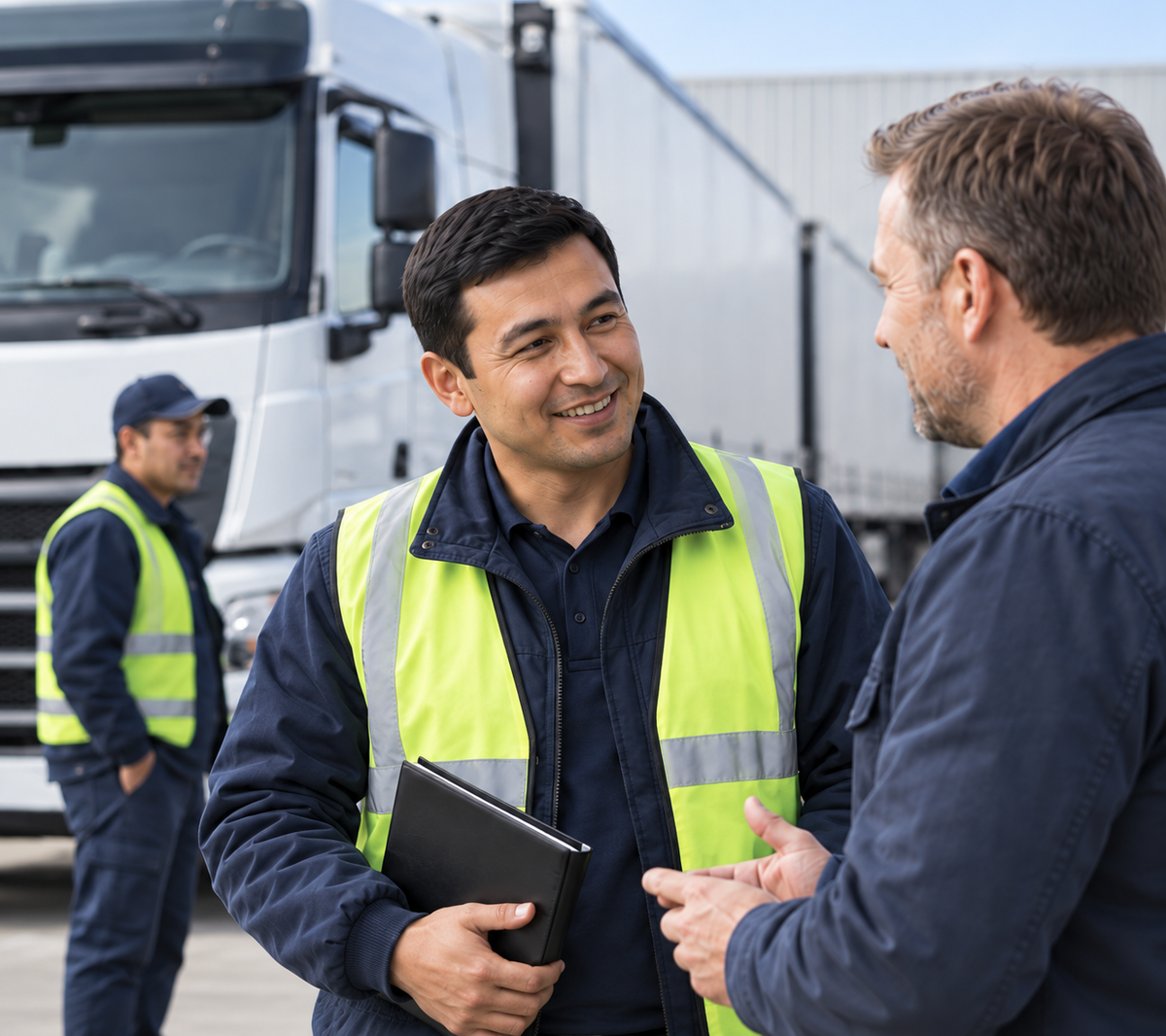 LKW-Fahrer im Gespräch mit einem Fuhrparkverantwortlichen vor einem Lastwagen – illustrative Darstellung